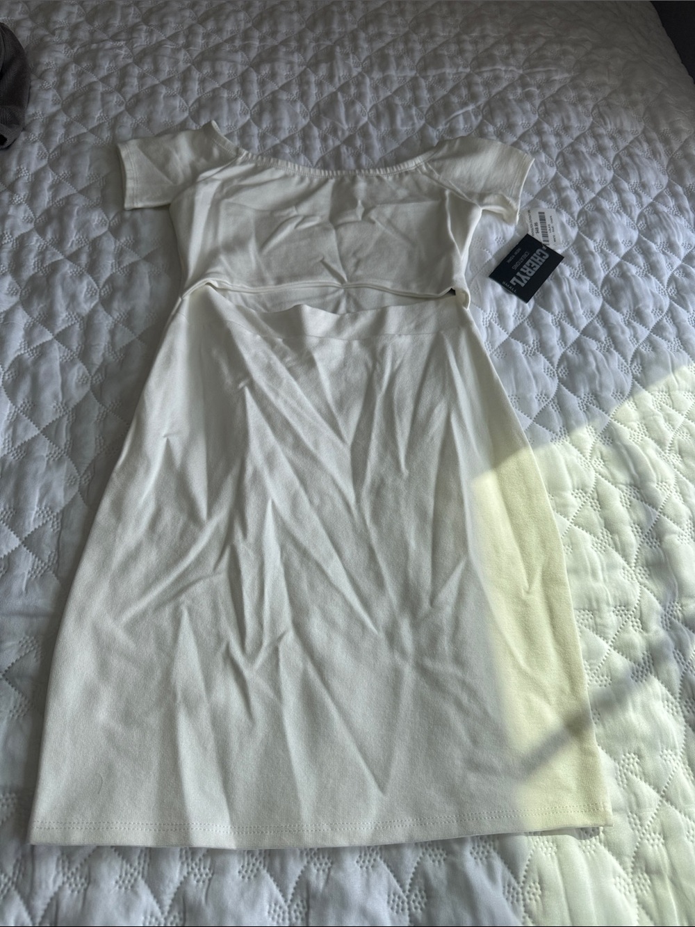 Off-Shoulder Cream Mini Dress with Waist Cutout
